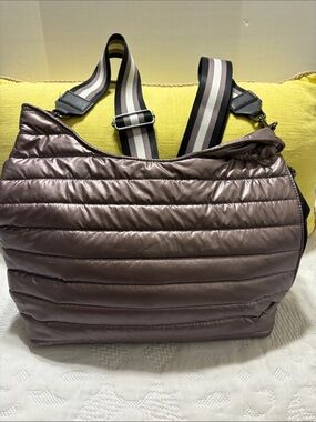 THINK ROYLN Quilted Puffer Backpack in Taupe with Striped Strap